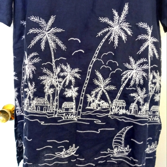Talbots Dress Blue 100% Linen Embroidered Palm Trees Sailboat Beach Size L - Picture 12 of 15